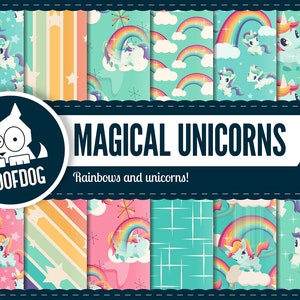 May include: A collection of colorful unicorn and rainbow patterns. The designs feature unicorns with pink, purple, and blue manes, rainbows, clouds, and stars. The text "MAGICAL UNICORNS" and "Rainbows and unicorns!" are also displayed.