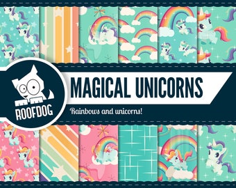 Unicorn digital paper | rainbows and unicorns | magical unicorns | retro unicorn pattern | cute baby unicorn scrapbooking | 1980s | vintage