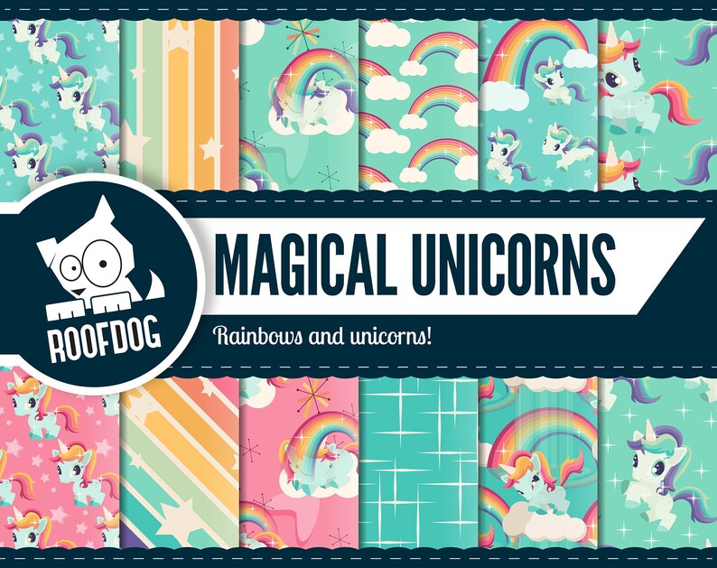 May include: A collection of colorful unicorn and rainbow patterns. The designs feature unicorns with pink, purple, and blue manes, rainbows, clouds, and stars. The text "MAGICAL UNICORNS" and "Rainbows and unicorns!" are also displayed.