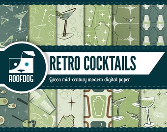 Retro cocktail digital paper | Mid century modern starburst pattern | Cocktail shaker green| Retro atomic digital  | mid-century wallpaper