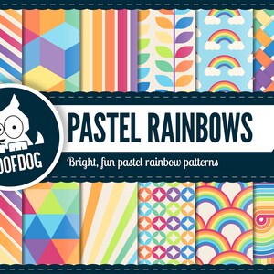 May include: A collection of pastel rainbow patterns. The designs include chevron, geometric shapes, stripes, leaves, rainbows, and woven patterns. The text reads "PASTEL RAINBOWS" and "Bright, fun pastel rainbow patterns."
