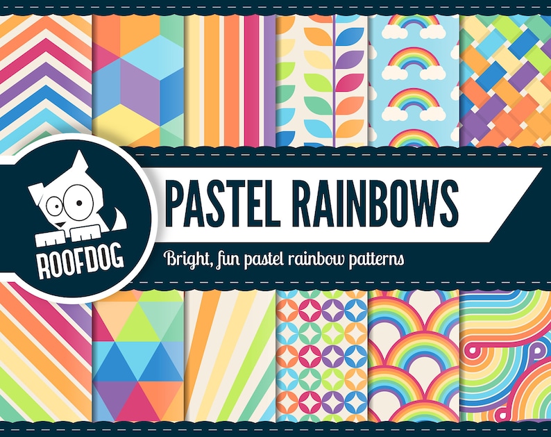 May include: A collection of pastel rainbow patterns. The designs include chevron, geometric shapes, stripes, leaves, rainbows, and woven patterns. The text reads "PASTEL RAINBOWS" and "Bright, fun pastel rainbow patterns."