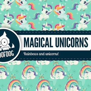 May include: A repeating pattern of cartoon unicorns with colorful manes and tails on a teal background. The image also features rainbows, stars, and the text "MAGICAL UNICORNS" and "Rainbows and unicorns!"