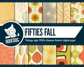 Mid Century Modern Fall Digital Paper | 1950s Retro Leaves (Digital Download)