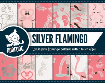 Flamingo digital paper | silver foil flamingos | digital paper pack instant download | summer tropical pink flamingos summer backgrounds