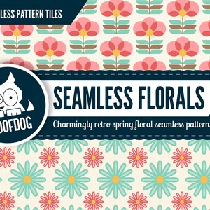 May include: Seamless floral pattern tiles with retro spring designs. The image features two distinct patterns: one with pink flowers and the other with blue and red daisies. The text reads "Seamless Florals" and "Charming retro spring floral seamless patterns."