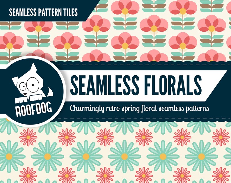 May include: Seamless floral pattern tiles with retro spring designs. The image features two distinct patterns: one with pink flowers and the other with blue and red daisies. The text reads "Seamless Florals" and "Charming retro spring floral seamless patterns."