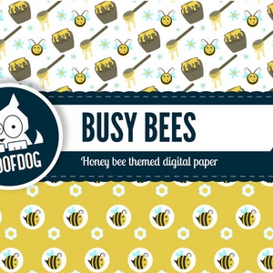 Puede incluir: Papel digital con tem&aacute;tica de abejas. El dise&ntilde;o presenta patrones repetidos de tarros de miel, cucharas de miel, abejas y flores sobre un fondo blanco y amarillo. El texto "BUSY BEES" se muestra con el logotipo de Roofdog.