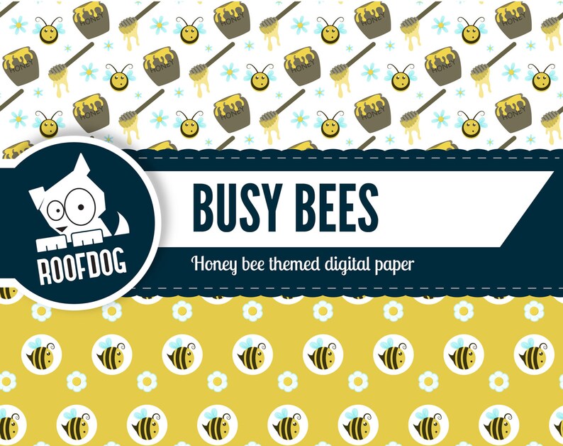 Puede incluir: Papel digital con tem&aacute;tica de abejas. El dise&ntilde;o presenta patrones repetidos de tarros de miel, cucharas de miel, abejas y flores sobre un fondo blanco y amarillo. El texto "BUSY BEES" se muestra con el logotipo de Roofdog.