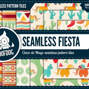 May include: A set of 10 colorful seamless pattern tiles featuring various Cinco de Mayo themes, including pinatas, cacti, limes, and festive stripes. The tiles are designed for easy tiling and are perfect for crafting projects, scrapbooking, and digital design.