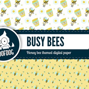 Puede incluir: Papel digital con tem&aacute;tica de abejas. El dise&ntilde;o presenta ilustraciones de abejas, tarros de miel y margaritas sobre un fondo blanco. Las palabras "Busy Bees" se muestran en una pancarta blanca con un borde azul oscuro. El logotipo de Roofdog est&aacute; en la esquina superior izquierda.