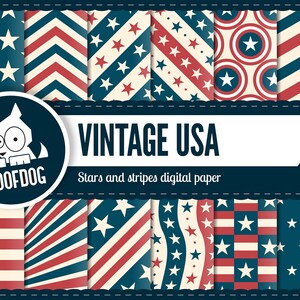 Puede incluir: Una colecci&oacute;n de patrones de papel digital con un tema vintage de EE. UU. Los dise&ntilde;os incluyen estrellas, rayas y combinaciones de colores patri&oacute;ticos de rojo, blanco y azul. Los patrones est&aacute;n dispuestos en una cuadr&iacute;cula, con el texto "VINTAGE USA" y "Stars and stripes digital paper".