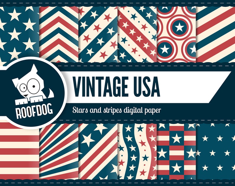 Puede incluir: Una colecci&oacute;n de patrones de papel digital con un tema vintage de EE. UU. Los dise&ntilde;os incluyen estrellas, rayas y combinaciones de colores patri&oacute;ticos de rojo, blanco y azul. Los patrones est&aacute;n dispuestos en una cuadr&iacute;cula, con el texto "VINTAGE USA" y "Stars and stripes digital paper".