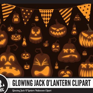 Könnte beinhalten: Eine Sammlung leuchtender Kürbis-Clipart-Elemente mit geschnitzten Gesichtern und einem warmen orangefarbenen Schein. Das Bild enthält ein Banner mit Stern- und Rautenmustern. Der Text "GLOWING JACK O'LANTERN CLIPART" ist unten zu sehen.