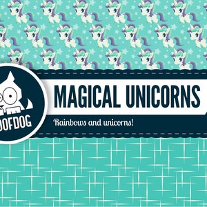 May include: A teal and white graphic design featuring repeating unicorn illustrations with purple manes and tails. The text "MAGICAL UNICORNS" is displayed with the tagline "Rainbows and unicorns!" and a Roofdog logo.