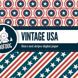 Puede incluir: Papel digital con un tema vintage de EE. UU. El dise&ntilde;o presenta patrones repetidos de estrellas y rayas en rojo, blanco y azul. El texto "VINTAGE USA" se muestra con el logotipo de Roofdog.