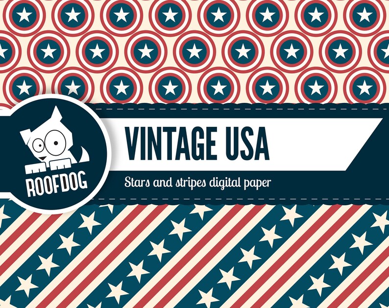 Puede incluir: Papel digital con un tema vintage de EE. UU. El dise&ntilde;o presenta patrones repetidos de estrellas y rayas en rojo, blanco y azul. El texto "VINTAGE USA" se muestra con el logotipo de Roofdog.