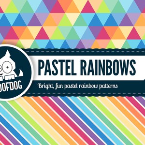 May include: A graphic design featuring the text "PASTEL RAINBOWS" with a cartoon dog logo. The design includes colorful geometric and striped patterns in pastel shades, with the tagline "Bright, fun pastel rainbow patterns."