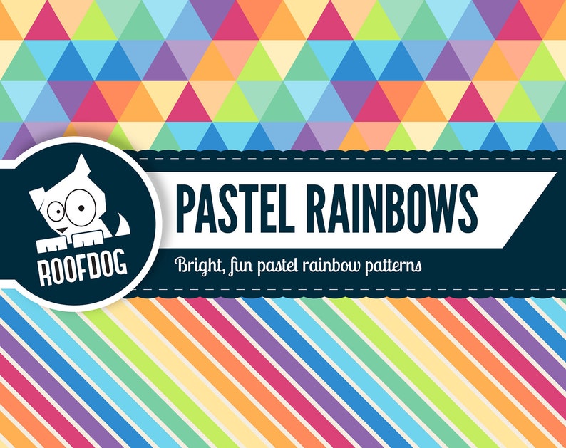 May include: A graphic design featuring the text "PASTEL RAINBOWS" with a cartoon dog logo. The design includes colorful geometric and striped patterns in pastel shades, with the tagline "Bright, fun pastel rainbow patterns."