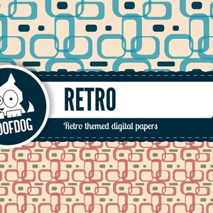 May include: Retro themed digital papers with a blue and white geometric pattern. The image also features a cartoon dog with the text "Roofdog" in a circle.