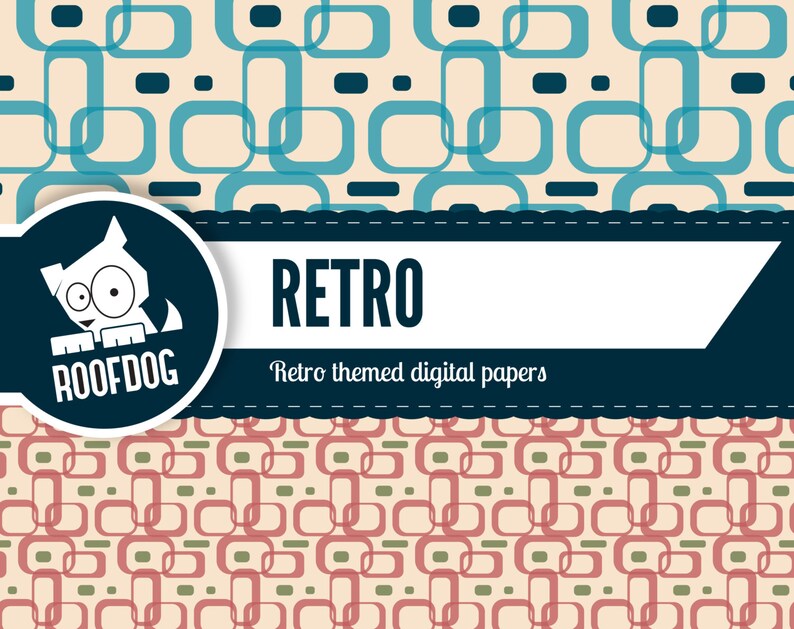May include: Retro themed digital papers with a blue and white geometric pattern. The image also features a cartoon dog with the text "Roofdog" in a circle.