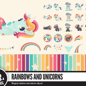May include: A set of colourful unicorn and rainbow clip art. The image shows a large unicorn with a rainbow mane and tail, plus several smaller unicorn illustrations, rainbows, stars, and clouds. The text "RAINBOWS AND UNICORNS" is displayed.