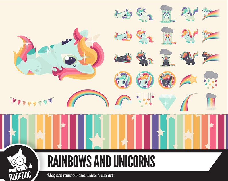 May include: A set of colourful unicorn and rainbow clip art. The image shows a large unicorn with a rainbow mane and tail, plus several smaller unicorn illustrations, rainbows, stars, and clouds. The text "RAINBOWS AND UNICORNS" is displayed.