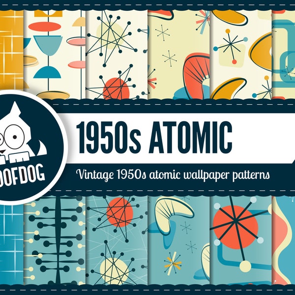 Papel digital atómico ? Patrón atómico de la década de 1950 Paquete de papel digital atómico de mediados de siglo Papel digital atómico retro ? espacio atómico de mediados del siglo