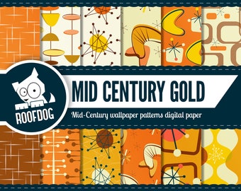 Atomic wallpaper digital paper | Mid century modern | Autumn gold retro patterns | Atomic stabursts | Orange mid century | red atomic star