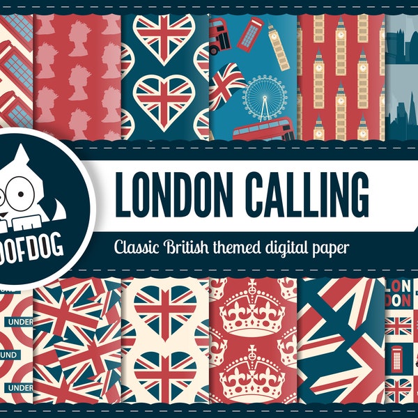 Londen digitale papier | Britse digitale | Union Jack patroon | Union Jack | Londen gebouwen | Engeland digitale papier | Kroon | Verenigd Koninkrijk