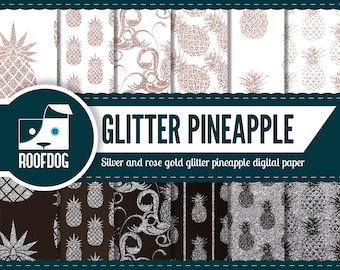 SALE- Glitter pineapple digital paper | Silver glitter pineapple pattern | digital paper pack instant download | fruit digital paper