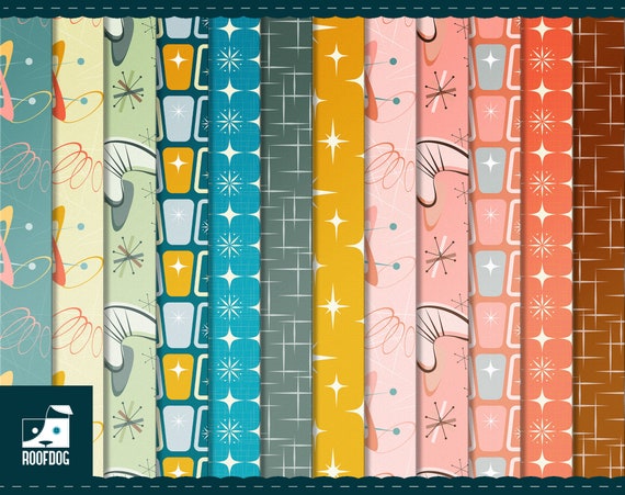 小物 Late 40s early 50s style atomic pattern Mid Century Atomic Starbursts Digital Paper | 1950s Atomic