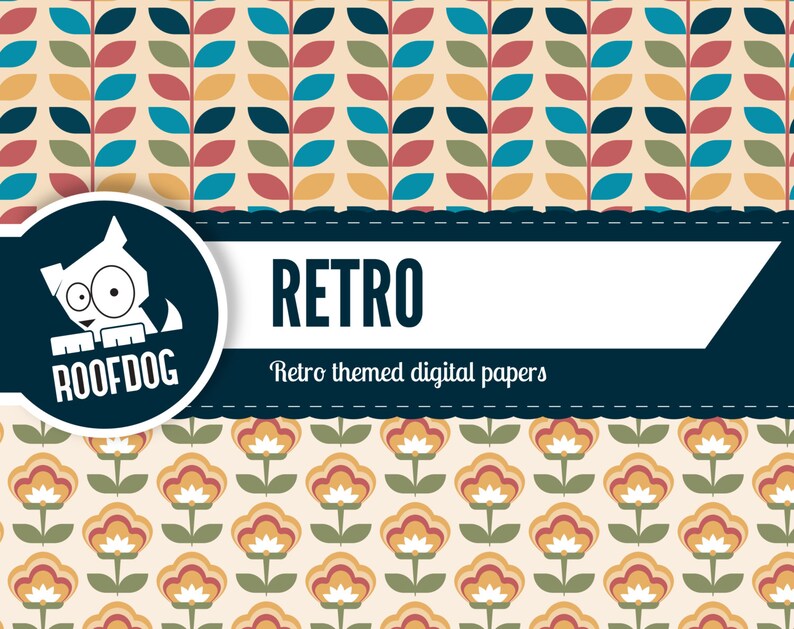 May include: A digital paper pack with a retro theme. The image features a cartoon dog with a blue and white pattern and the text "Roofdog". The text "Retro" is displayed in a white banner with a blue and white stitched border. The background features two different retro patterns.