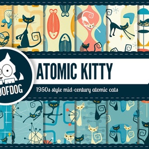 Papier numérique atomique | modèle chat atomique 1950 | pack de papier numérique | Papier numérique rétro kitty atomique | milieu du siècle atomic chat fond d’écran