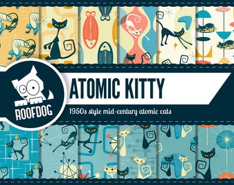 Atomic digital paper | 1950s Atomic cat pattern | digital paper pack  | Retro atomic kitty digital paper | mid century atomic cat wallpaper