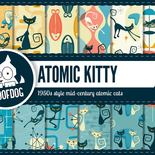 Atomic digital paper | 1950s Atomic cat pattern | digital paper pack  | Retro atomic kitty digital paper | mid century atomic cat wallpaper
