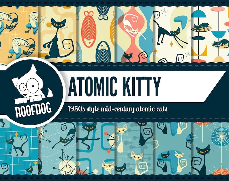 May include: A set of eight digital paper patterns featuring mid-century modern atomic cats in various poses and colors. The patterns are perfect for creating unique and stylish projects.