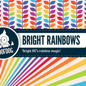 May include: A vibrant graphic design with a repeating pattern of colourful leaves. The design includes the text "BRIGHT RAINBOWS" and "Bright 80's rainbow magic!" with a cartoon dog logo and a rainbow burst radiating from the bottom.