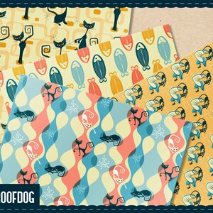May include: Four digital paper patterns featuring retro-style designs. The patterns include black cats, fish, and abstract shapes in shades of blue, yellow, red, and white.