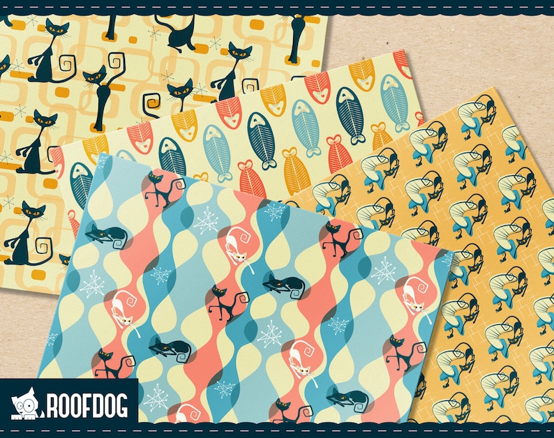 May include: Four digital paper patterns featuring retro-style designs. The patterns include black cats, fish, and abstract shapes in shades of blue, yellow, red, and white.