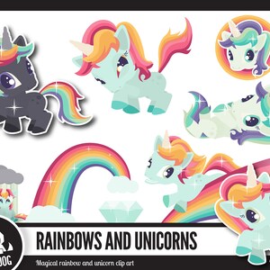 May include: A set of cartoon unicorn and rainbow illustrations. The unicorns have colourful manes and tails, and are in different poses. A rainbow and a diamond are also shown. The text "RAINBOWS AND UNICORNS" is displayed below the images.