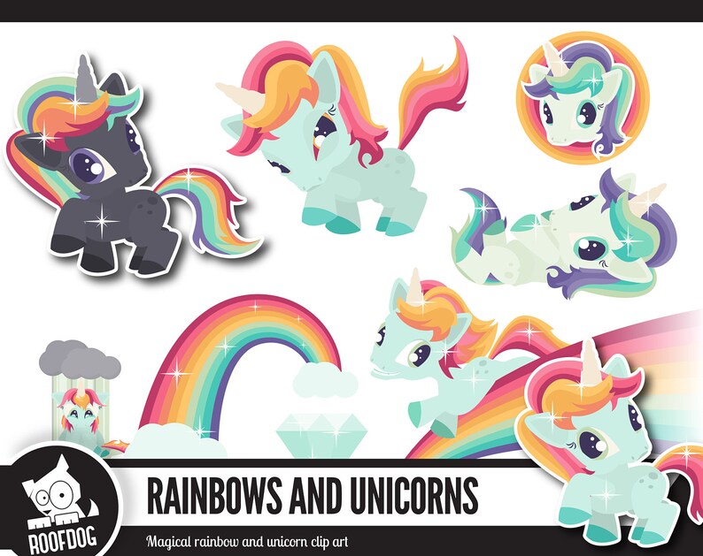 May include: A set of cartoon unicorn and rainbow illustrations. The unicorns have colourful manes and tails, and are in different poses. A rainbow and a diamond are also shown. The text "RAINBOWS AND UNICORNS" is displayed below the images.