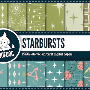 May include: A set of 10 digital papers featuring retro 1950s atomic starburst patterns in green and blue color schemes. The papers are perfect for scrapbooking, card making, and other craft projects. The image also includes the text "STARBURSTS 1950s atomic starburst digital papers" and a cartoon dog logo.