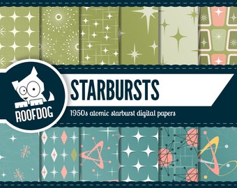 Mid-century modern starburst digital paper | mid-century modern atomic starbursts | green and blue | 1950s 1960s atomic digital patterns