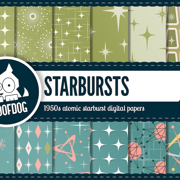 Mid-century modern starburst digital paper | mid-century modern atomic starbursts | green and blue | 1950s 1960s atomic digital patterns