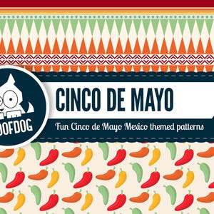 May include: A colorful Cinco de Mayo themed graphic with the text "Cinco de Mayo" and "Fun Cinco de Mayo Mexico themed patterns". The design includes a dog logo, decorative patterns, and chili pepper illustrations.