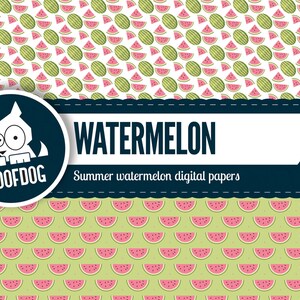Pode incluir: Conjunto de pap&eacute;is digitais com fatias e melancias inteiras em fundos brancos e verdes. O texto "WATERMELON" &eacute; exibido com o texto "Summer watermelon digital papers" abaixo. Um logotipo de cachorro est&aacute; no canto superior esquerdo.