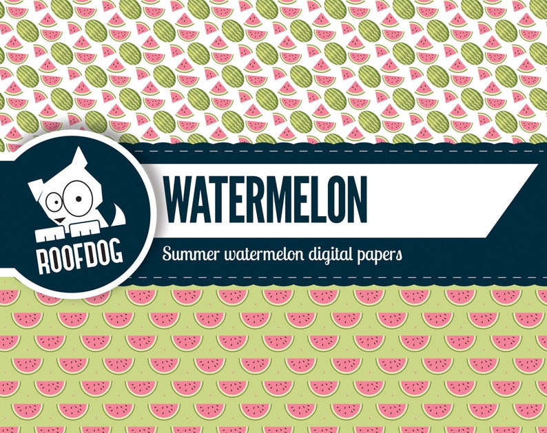Pode incluir: Conjunto de pap&eacute;is digitais com fatias e melancias inteiras em fundos brancos e verdes. O texto "WATERMELON" &eacute; exibido com o texto "Summer watermelon digital papers" abaixo. Um logotipo de cachorro est&aacute; no canto superior esquerdo.
