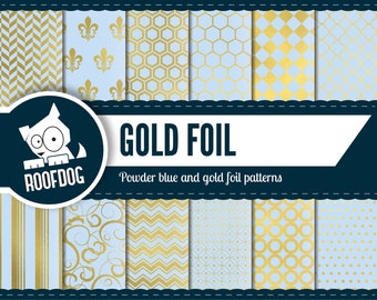 Gold foil digital paper | Gold foil powder blue | digital paper pack instant download | geometric patterns backgrounds gold digital paper