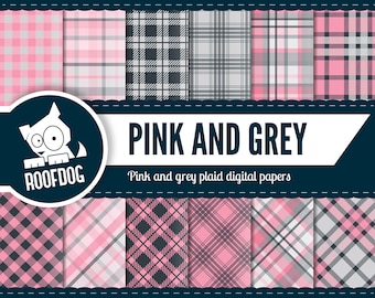 Pink and grey plaid pattern digital paper | pink and gray tartan | digital paper pack instant download | plaid background repeating deign